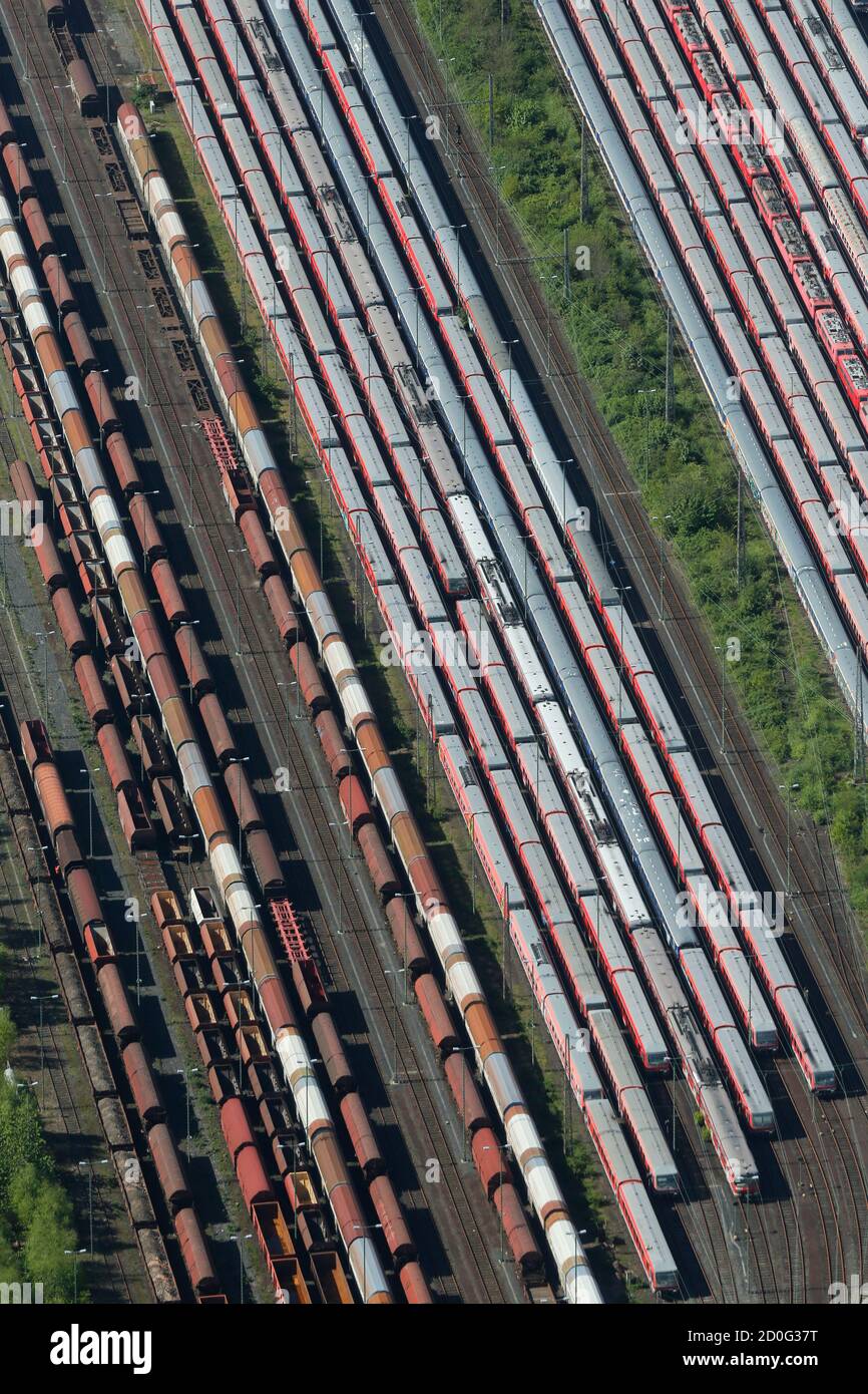 Train carriages, locomotives and freight trains of German railways Deutsche  Bahn are parked at a storage facility in the North Rhine-Westphalian town  of Hamm near Dortmund, Germany May 6, 2015. A record-setting