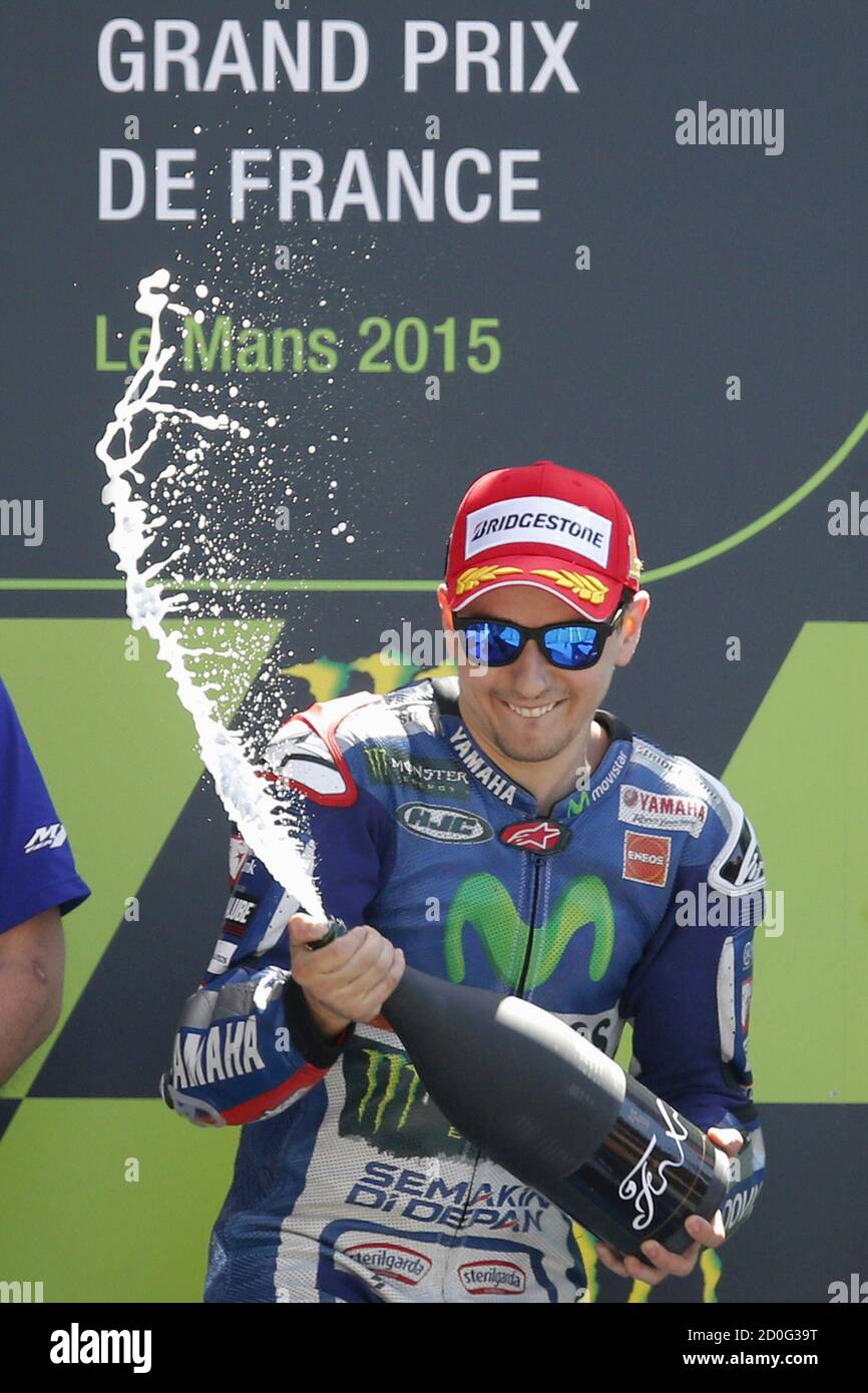 Yamaha MotoGP rider Jorge Lorenzo of Spain sprays champagne on the podium  after the French Grand Prix at the Le Mans circuit, in Le Mans, France May  17, 2015. Lorenzo celebrated his
