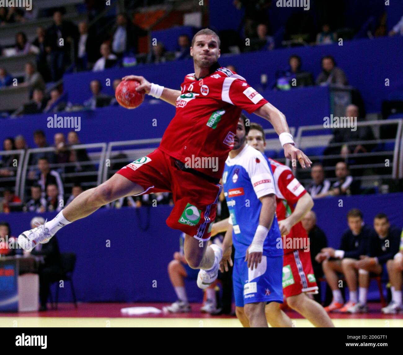 Norway S Bjarte Myrhol Tries To Score Against Slovenia During Their Men S European Handball Championship Group D Match In Vrsac January 16 2012 Reuters Ivan Milutinovic Serbia Tags Sport Handball Stock Photo Alamy