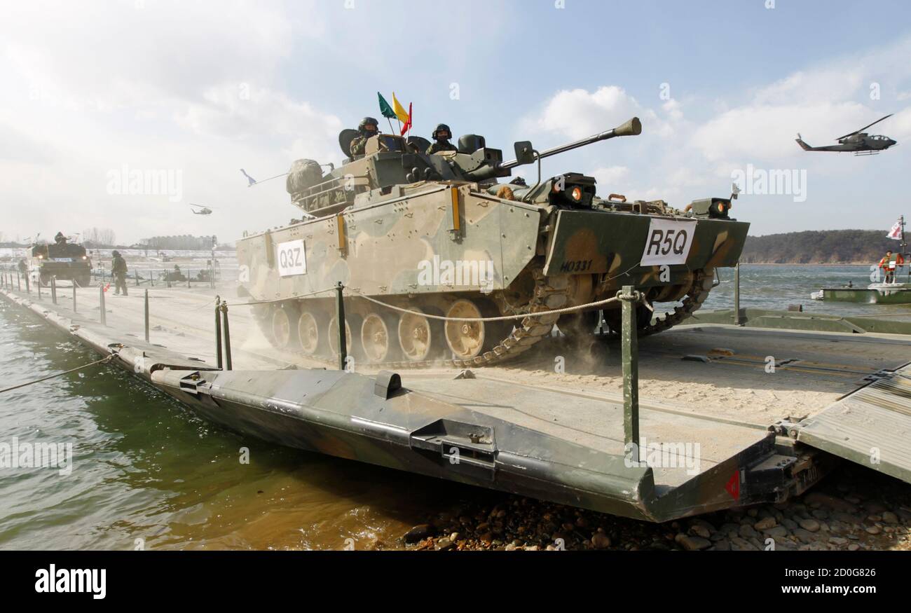 Tanks Of The South Korean Army Participate In A River Crossing Operation Drill In Chungju About 100 Km 62 Miles Southeast Of Seoul February 8 2012 Reuters Lee Jae Won South Korea Tags Military