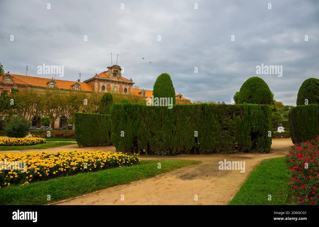 The historic government building Parliament of Catalonia (Parlament de Catalunya) in a park of Ciutadella at autumn day. Barcelona, Catalonia, Spain Stock Photo