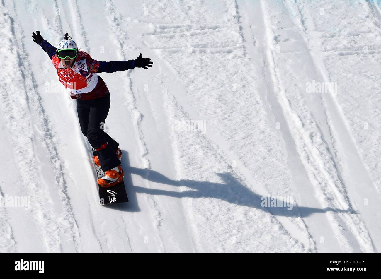 Eva Samkova of the Czech Republic reacts during the women's snowboard cross  competition at the Sochi 2014 Winter Olympics in Rosa Khutor February 16,  2014. Samkova avoided the rough and tumble of