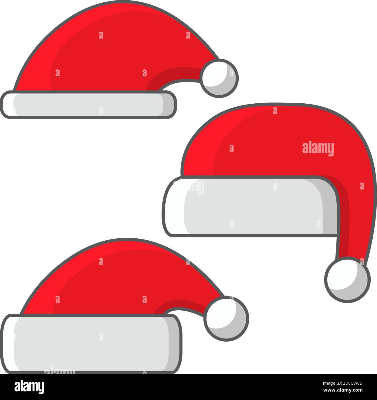 Christmas hats of Santa Claus with a red fringe. A clothes element for a holiday celebration for the head. Stock Vector