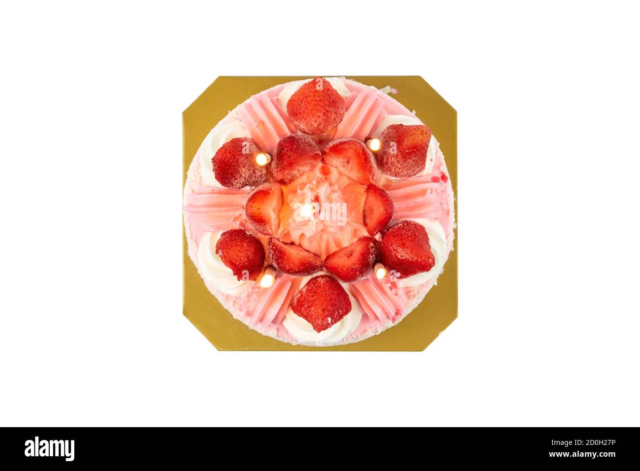 Top view photo of a birthday cake topped with strawberries isolated on ...
