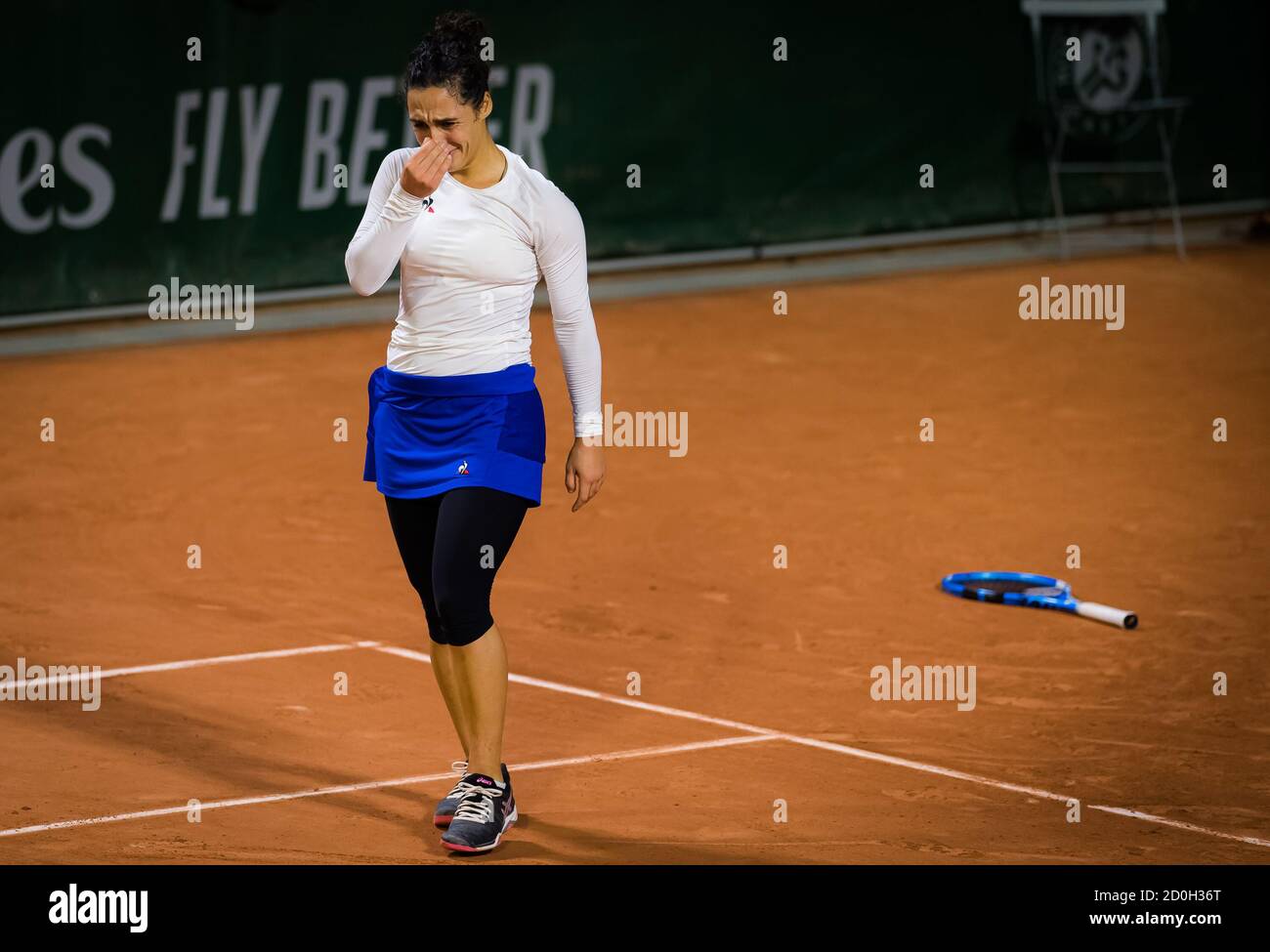 Martina Trevisan of Italy in action against Maria Sakkari of Greece during the third round at the Roland Garros 2020, Grand Slam tennis tournament, on Stock Photo