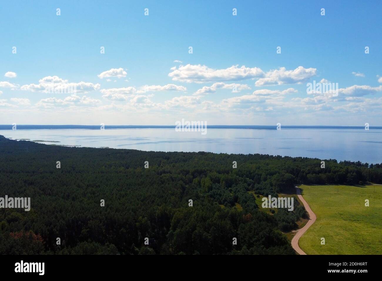 Aerial view of a green forest and a large blue lake Stock Photo - Alamy