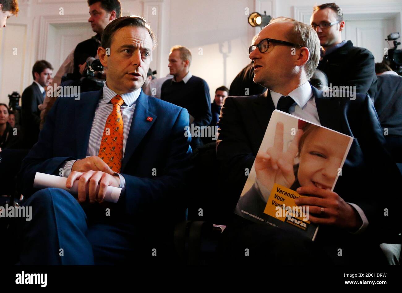 Belgian Flemish Right Wing Party N Va President Bart De Wever Talks To Party Member Ben Weyts R Before A News Conference In Brussels October 30 2013 Reuters Francois Lenoir Belgium Tags Politics Stock
