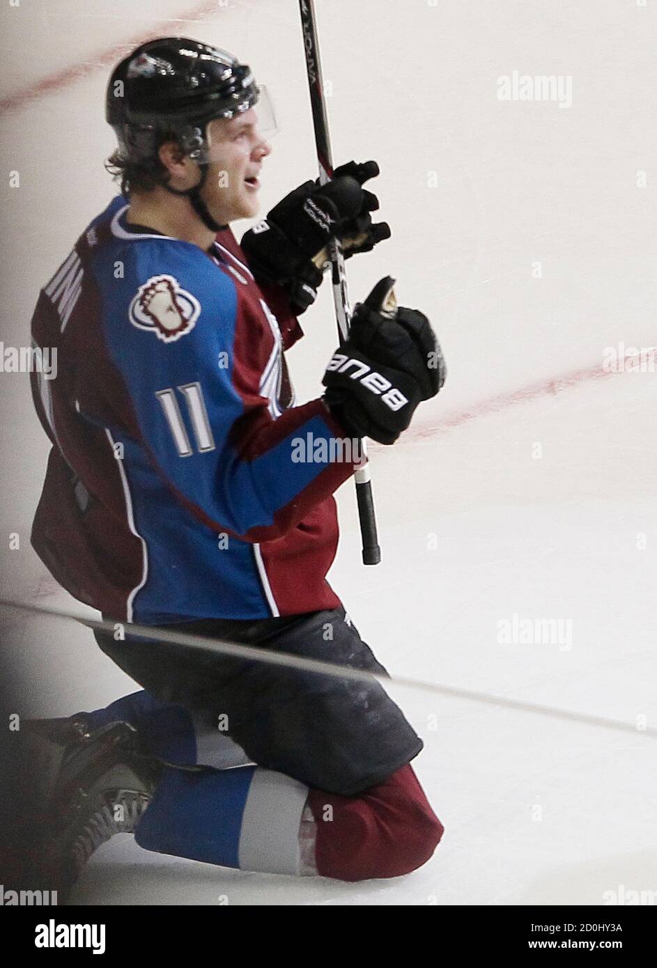 Colorado Avalanche's Jamie McGinn celebrates scoring past the Chicago Blackhawks in their NHL hockey game in Denver March 8, 2013. REUTERS/Rick Wilking (UNITED STATES - Tags: SPORT ICE HOCKEY) Stock Photo