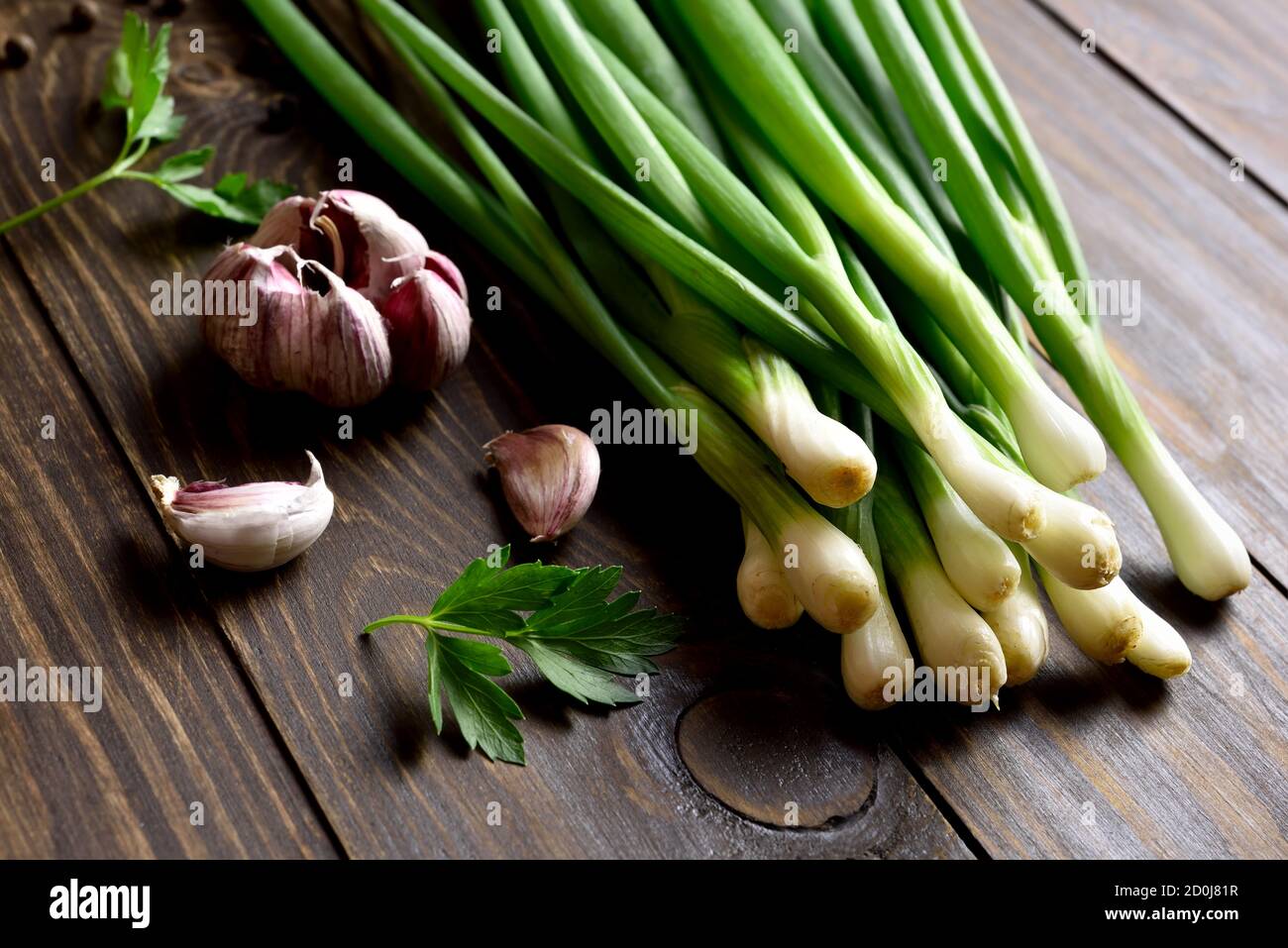 Fresh green onion and garlic on wooden background. Close up view Stock Photo