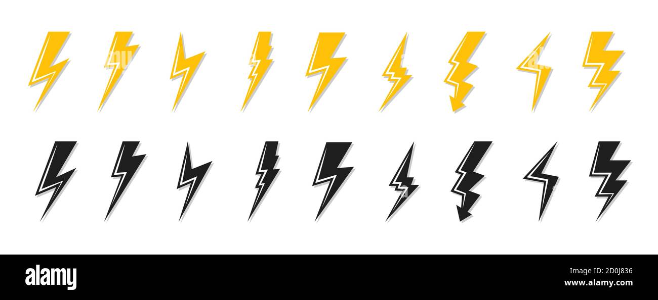 Set of black and yellow lightning bolt icon. Template flash emblem ...