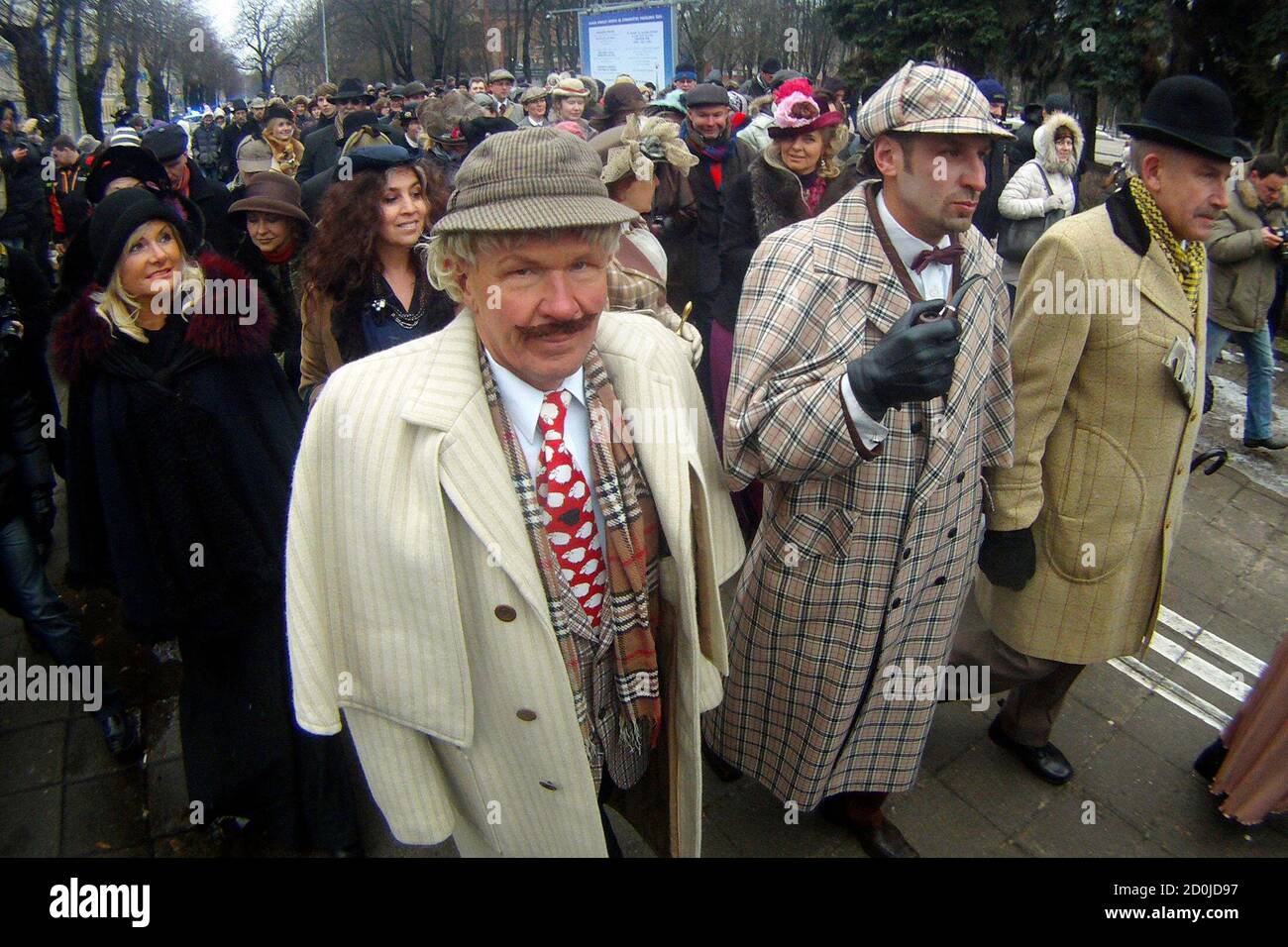 People dress up as characters from Scottish writer Arthur Conan Doyle's  stories as they celebrate the birthday of detective Sherlock Holmes, one of  Doyle's most famous fictional character, in Riga January 5,