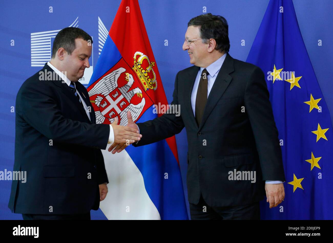 European Commision President Jose Manuel Barroso welcomes Serbian Prime Minister Ivica Dacic (L) before their meeting at the EU Commission headquarters in Brussels June 26, 2013.  REUTERS/Francois Lenoir (BELGIUM - Tags: POLITICS) Stock Photo