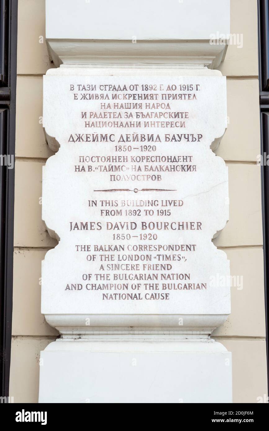 James David Bourchier memorial plaque as Times correspondent for the Balkans region on his home building wall in downtown Sofia Bulgaria Stock Photo