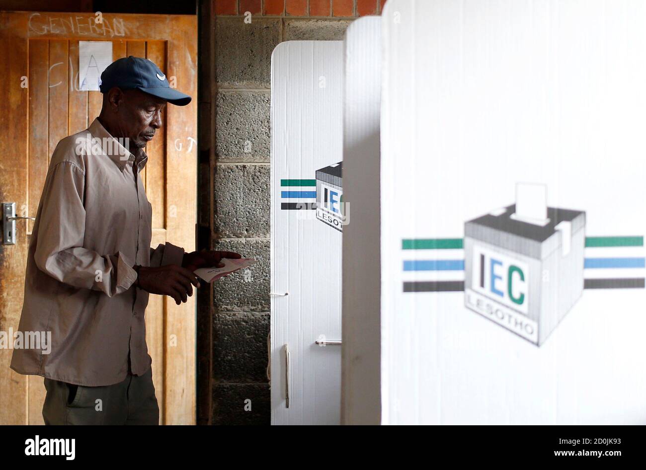 A man arrives to cast his vote during Lesotho's national election in Qoaling village, outside the capital Maseru, February 28, 2015. The people of Lesotho voted on Saturday in a tense election they hope will restore stability six months after an attempted coup in the southern African nation.The vote is being held around two years ahead of schedule under a political deal brokered by South African deputy president Cyril Ramaphosa. REUTERS/Siphiwe Sibeko (LESOTHO - Tags: POLITICS ELECTIONS) Stock Photo