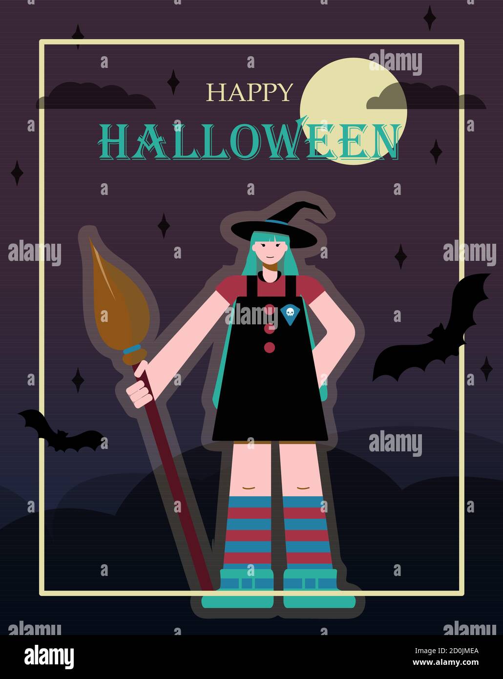 Cartoon witch with huge legs and arms. Cute vector drawing for all saints day. Flat design greeting card for Halloween with bats, a witch and a broom. An image for a flyer, ad, invitation, or website. A young witch in a hat, with green hair and striped stockings. Stock Vector