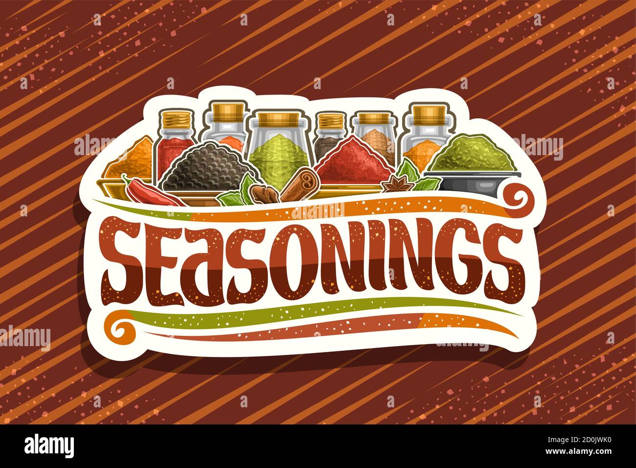 Vector logo for Indian Seasonings, white decorative signboard with