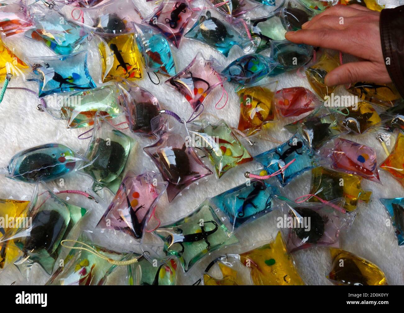 A vendor arranges small plastic bags holding fish, turtles and salamanders  on display for sale at a shopping district in Beijing March 7, 2013. Each  bag, filled with oxygen and nutritional liquid,