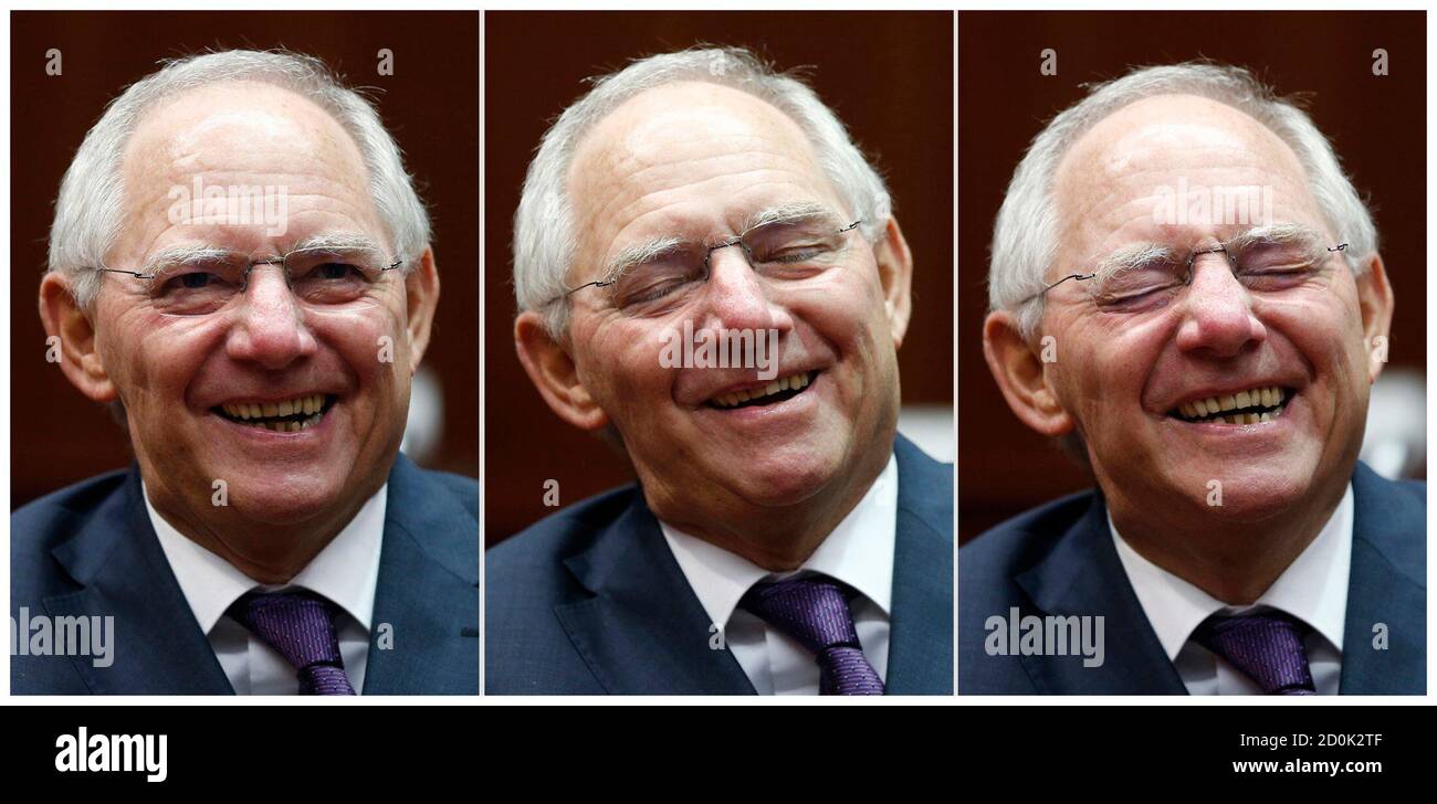 Germany's Finance Minister Wolfgang Schaeuble is pictured having a laugh during a European Union finance ministers meeting in Brussels in this November 15, 2013 combination photo. REUTERS/Francois Lenoir (BELGIUM - Tags: POLITICS BUSINESS) Stock Photo