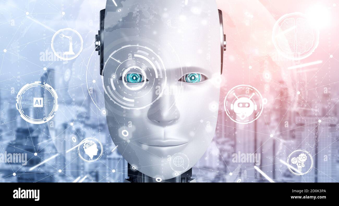 Robot humanoid face close up with graphic concept of AI thinking brain , artificial intelligence and machine learning process for the 4th fourth Stock Photo