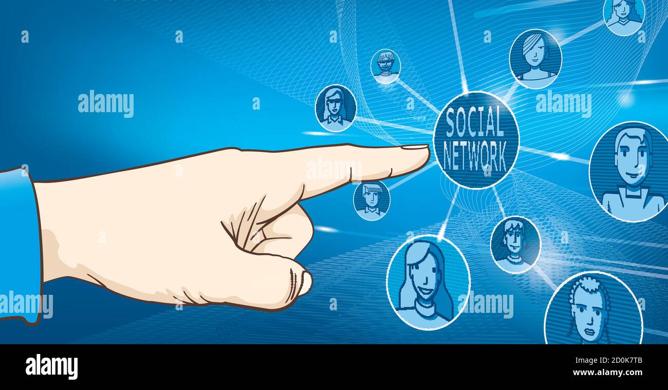 Vector illustration of a male hand touching the social network button ...