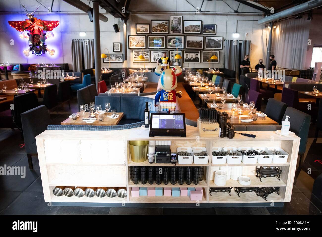 Hamburg, Germany. 02nd Oct, 2020. View into the large hall in the newly designed rooms of the restaurant 'Bullerei'. The restaurant of the Hamburg TV chef Tim Mälzer and his business partner Rüther reopened on 03.10.2020 after a six-month compulsory break. Credit: Christian Charisius/dpa/Alamy Live News Stock Photo