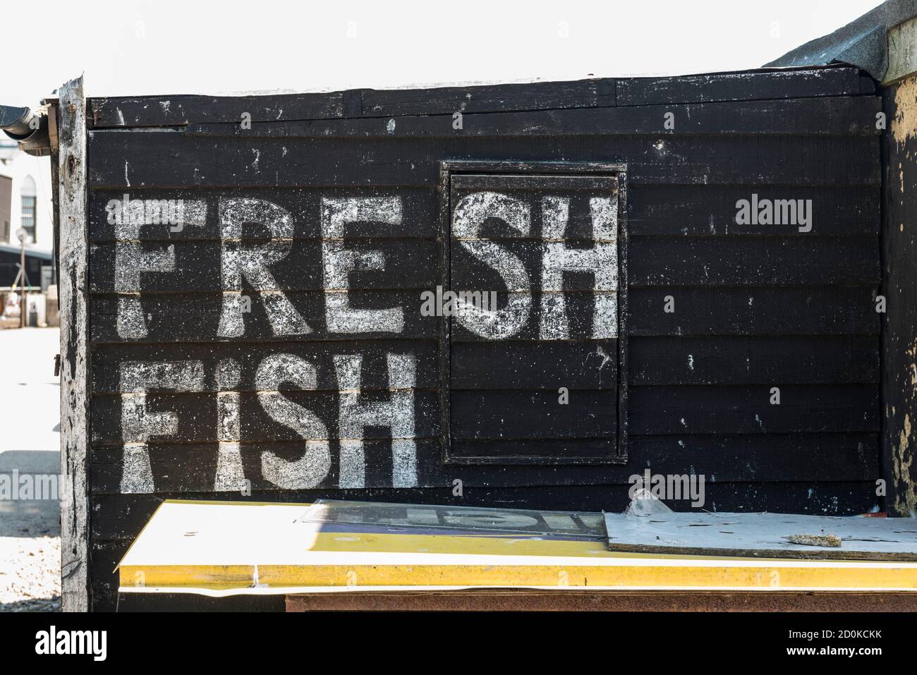A closed "Fresh Fish" stall in The Stade area of Hastings, East Sussex