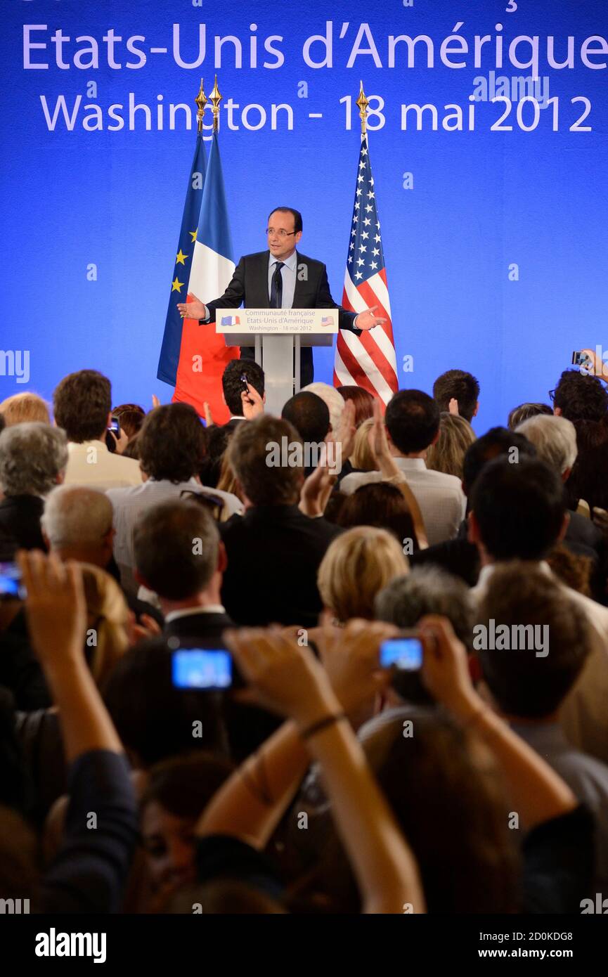 France's President Francois Hollande speaks to French citizens living abroad at the French Embassy in Washington, DC, prior to attending the G8 summit in Camp David, May 18, 2012.  REUTERS/Eric Feferberg/Pool   (UNITED STATES  - Tags: POLITICS) Stock Photo