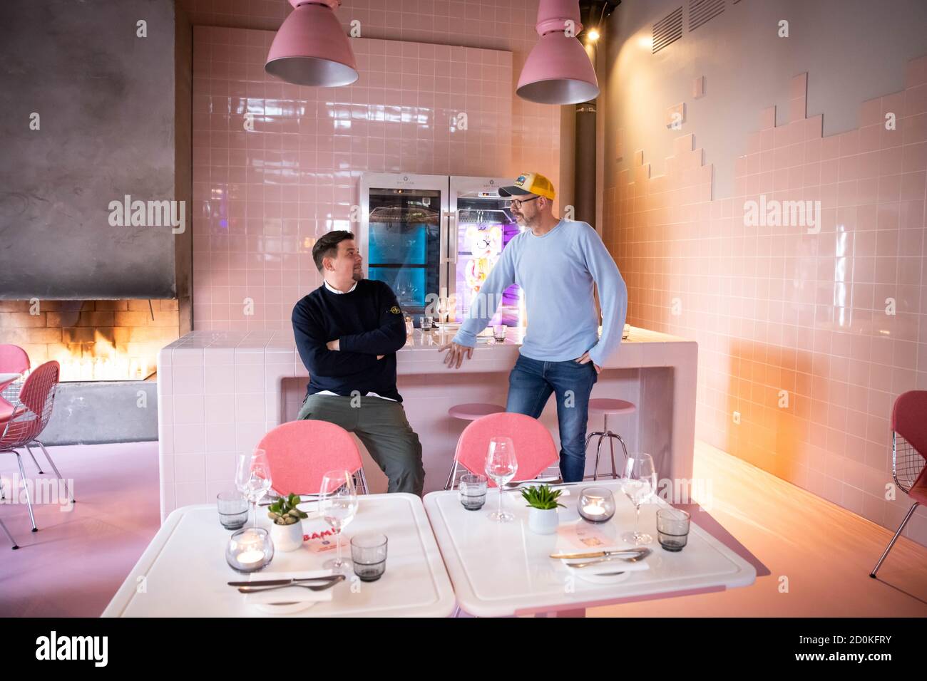 Hamburg, Germany. 02nd Oct, 2020. TV chef Tim Mälzer (l) and Patrick Rüther, restaurateur and business partner, are standing in the newly designed rooms of his restaurant 'Bullerei'. Mälzer and his business partner Rüther reopened on 03.10.2020 after a six-month compulsory break. Credit: Christian Charisius/dpa/Alamy Live News Stock Photo