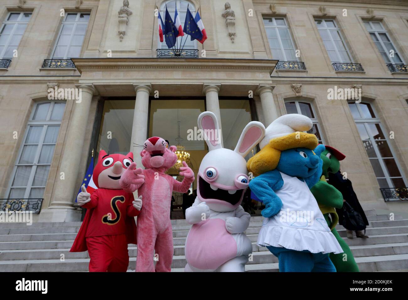 Life-size cartoon characters, from L-R, Samsam, Pink Panther, Raving Rabbit (Lapin Cretin) and Smurfette stand on the stairs of the Elysee Palace at the end of the Christmas party at the Elysee Life-size cartoon characters, from L-R, Samsam, Pink Panther, Raving Rabbit (Lapin Cretin) and Smurfette stand on the stairs of the Elysee Palace at the end of the Christmas party at the Elysee