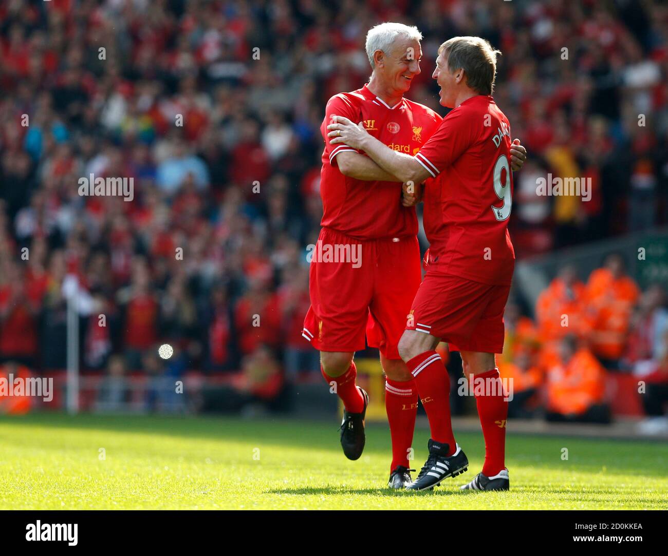 Kenny Dalglish (R) Comes On To Replace Ian Rush In The Local Liverpool Legends And International Liverpool Legends 'Celebration Of The 96' Match At Anfield Stadium In Liverpool, Northern England April 21,