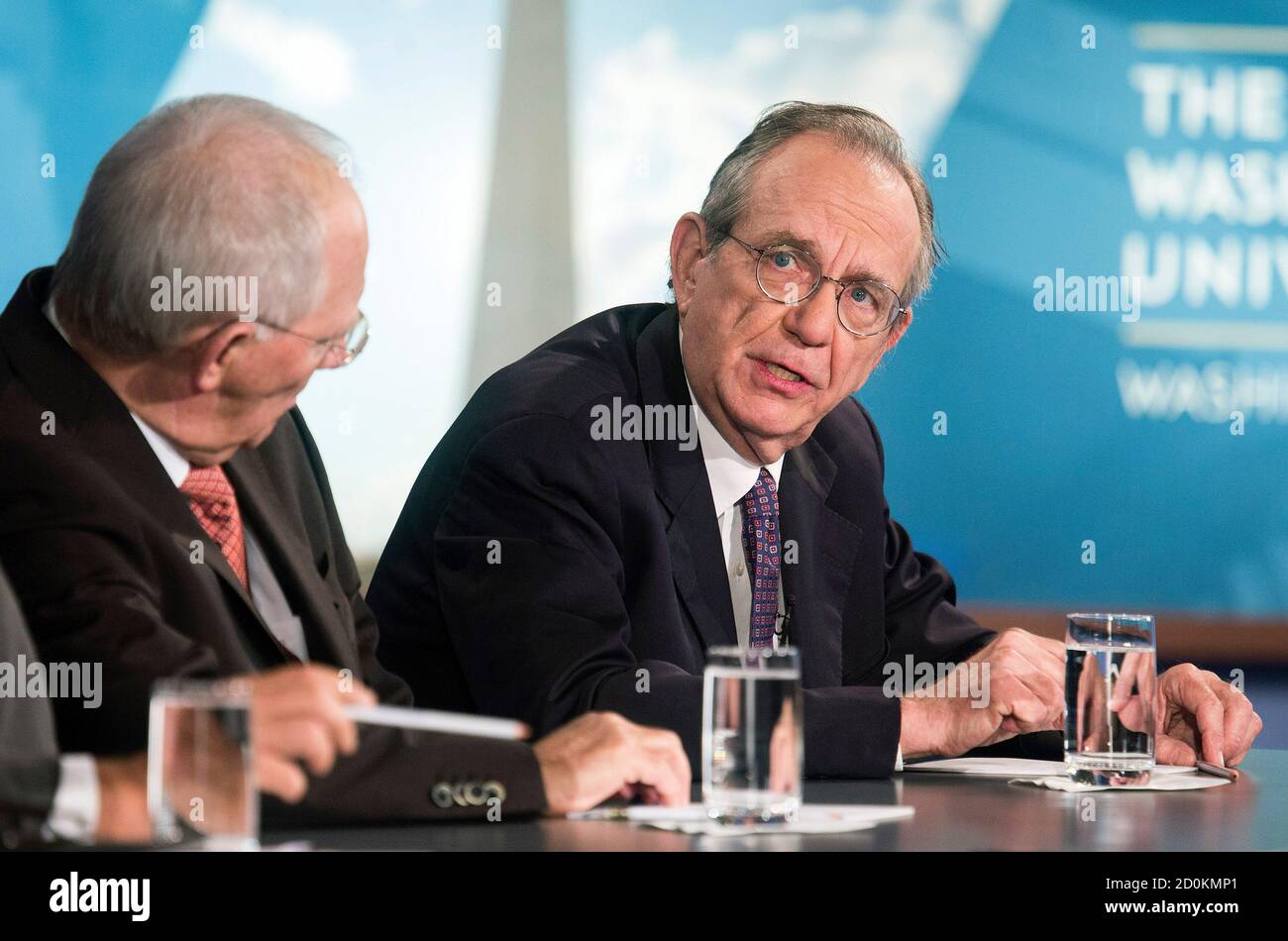 Italy's Minister of Economy and Finance Pier Carlo Padoan (R) speaks during a discussion on 'A Reform Agenda for Europe's Leaders' during the World Bank/IMF annual meetings in Washington October 9, 2014.      REUTERS/Joshua Roberts    (UNITED STATES - Tags: POLITICS BUSINESS) Stock Photo