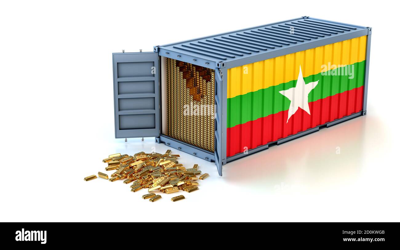 Freight Container with Myanmar flag filled with Gold bars. Some Gold bars scattered on the ground - 3D Rendering Stock Photo