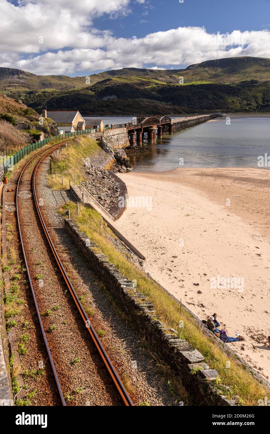 Barmouth railway bridge over the Mawddach estuary on the Wales coast Stock Photo