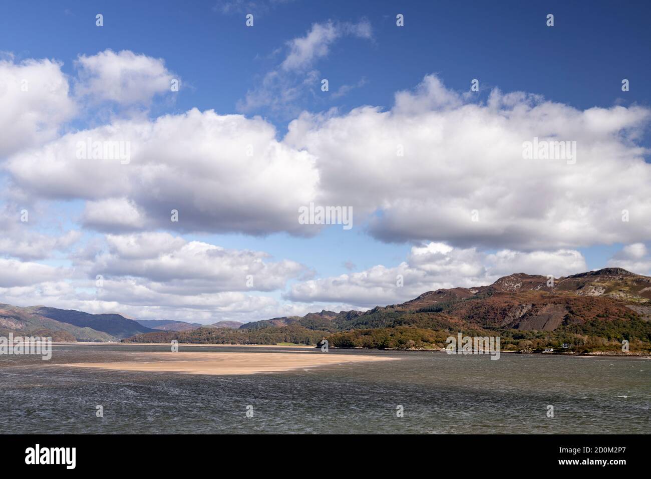 View up the Mawddach estuary from Barmouth on the welsh coast Stock Photo