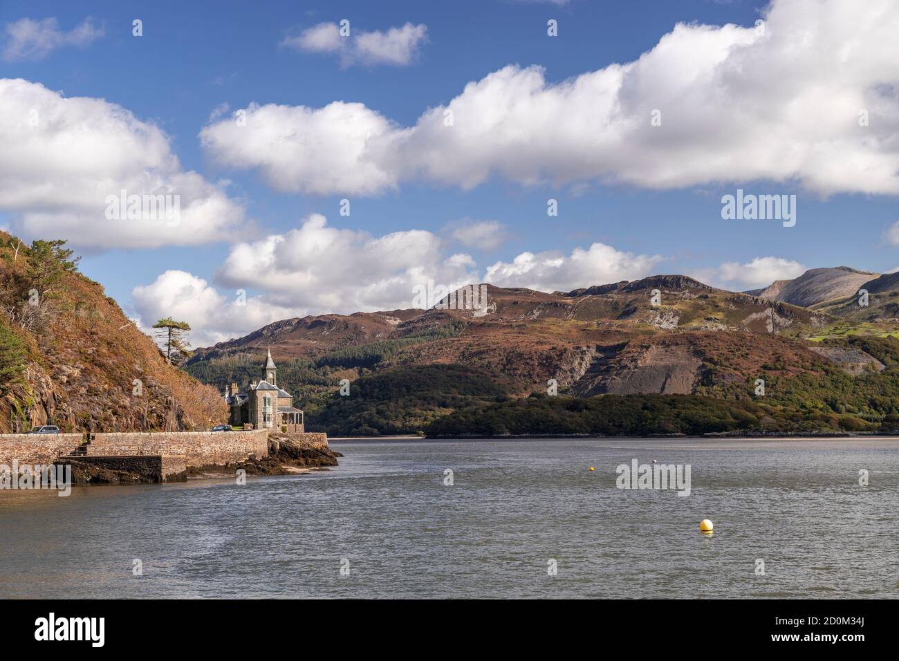View up the Mawddach estuary from Barmouth on the welsh coast Stock Photo