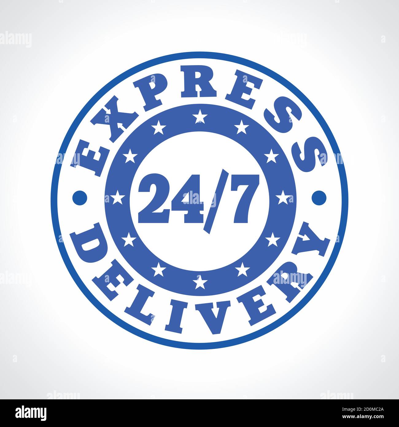 Template emblem 24/7 courier service. Express delivering around the clock logo. Round blue stamp, store, postoffice, restaurant or fastfood brand sign Stock Vector