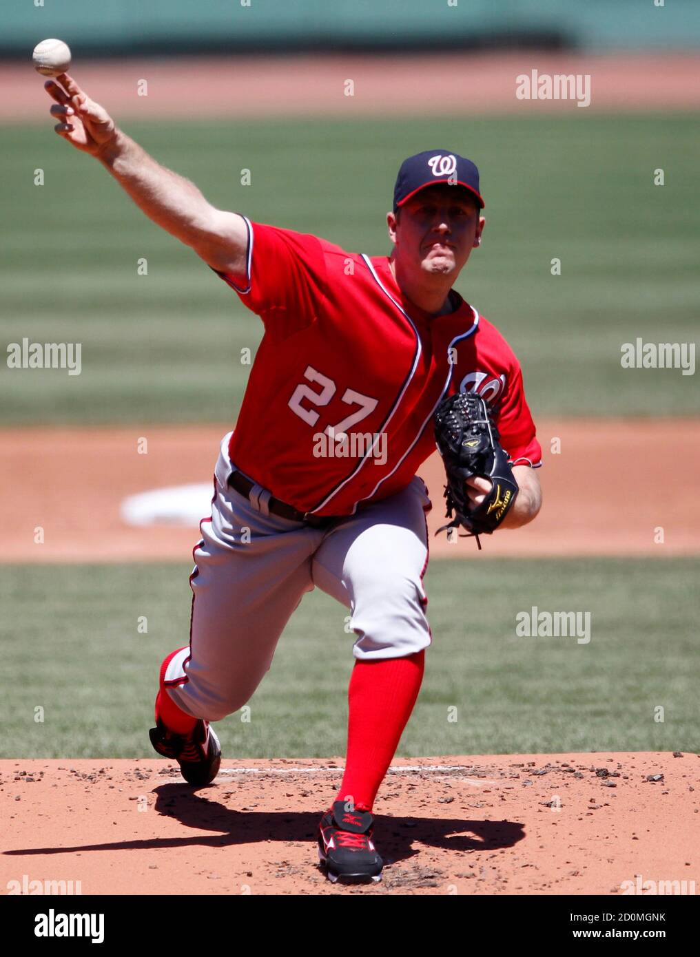 Washington Nationals starting pitcher Jordan Zimmermann delivers against the Boston Red Sox during the first inning of Inter League MLB baseball action at Fenway Park in Boston, Massachusetts June 10, 2012. REUTERS/Jessica Rinaldi (UNITED STATES - Tags: SPORT BASEBALL) Stock Photo