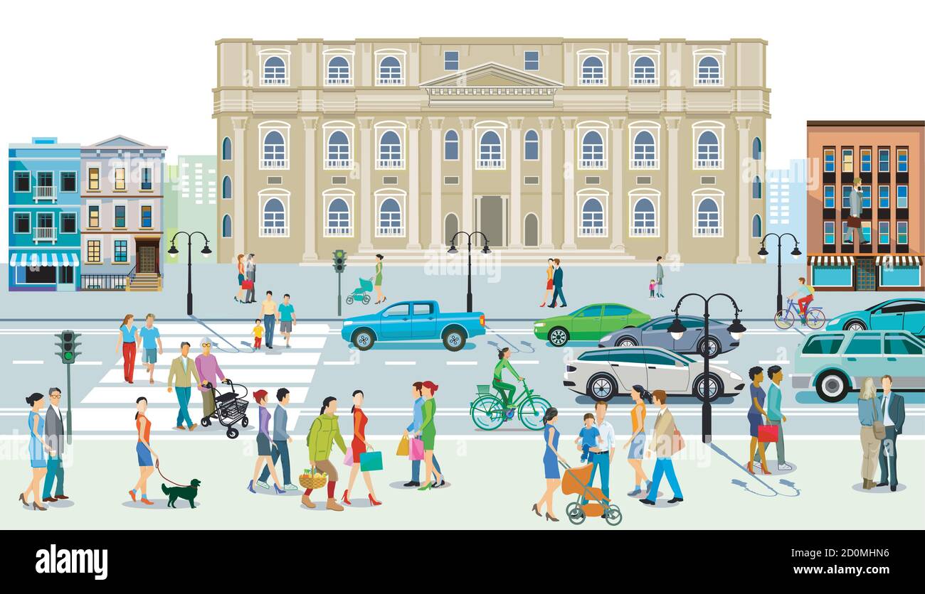 City view with town hall traffic and pedestrians at the zebra crossing Stock Vector