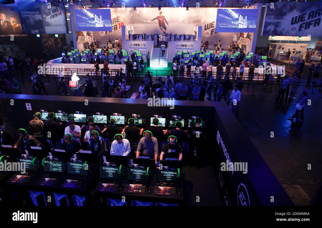 An overview shows the Electronic Arts EA exhibition stand during the  Gamescom 2013 fair in Cologne August 21, 2013. The Gamescom convention,  Europe's largest video games trade fair, runs from August 22