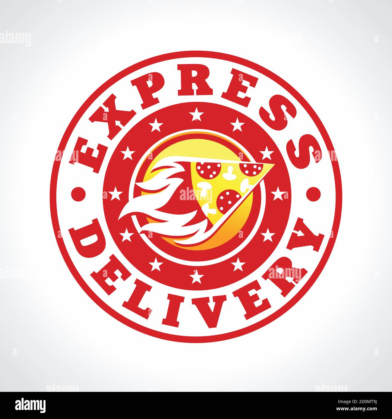 Hot pizza express delivering vector logo. Fiery piece of cake in circle fastfood brand sign. Cafe, pizzeria, restaurant, lunch bar courier service. Stock Vector