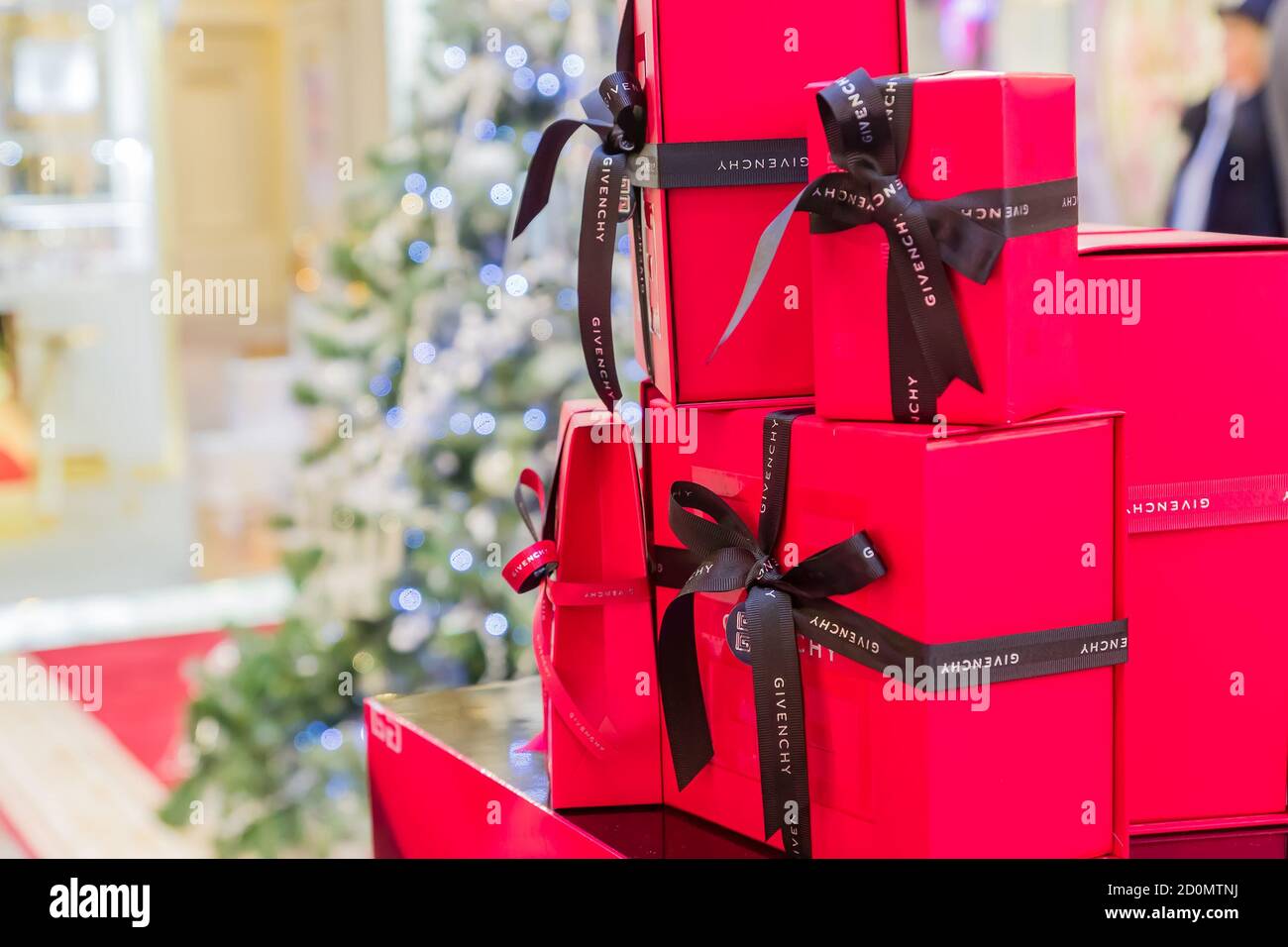 Moscow, Russia - December 18, 2019: Givenchy red gift boxes on the shop  display for sale, luxury presents for holidays Stock Photo - Alamy