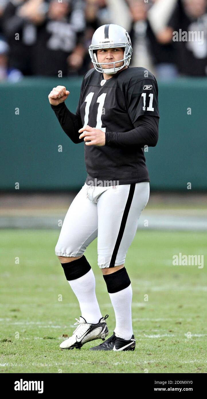 Oakland Raiders kicker Sebastian Janikowski celebrates after kicking a 59  yard field goal in the first half of his NFL football game against the  Indianapolis Colts in Oakland, California December 26, 2010.