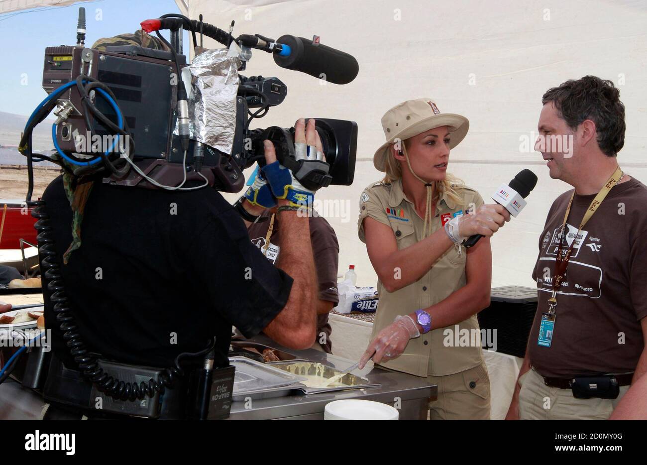 Elodie Gossuin, former Miss France and a host for French television,  conducts an interview in the restaurant of the bivouac of the fourth stage  of the third South American edition of the