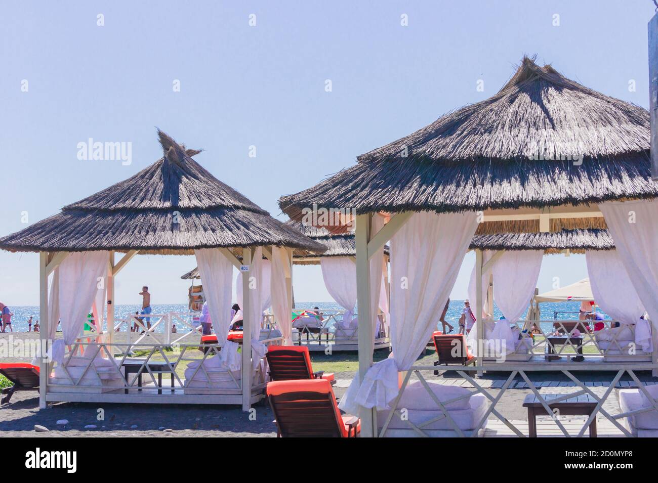 Sochi, Adler, Russia - September 07, 2019 - Plenty of Bungalows on a beach. Vacation resort concept Stock Photo