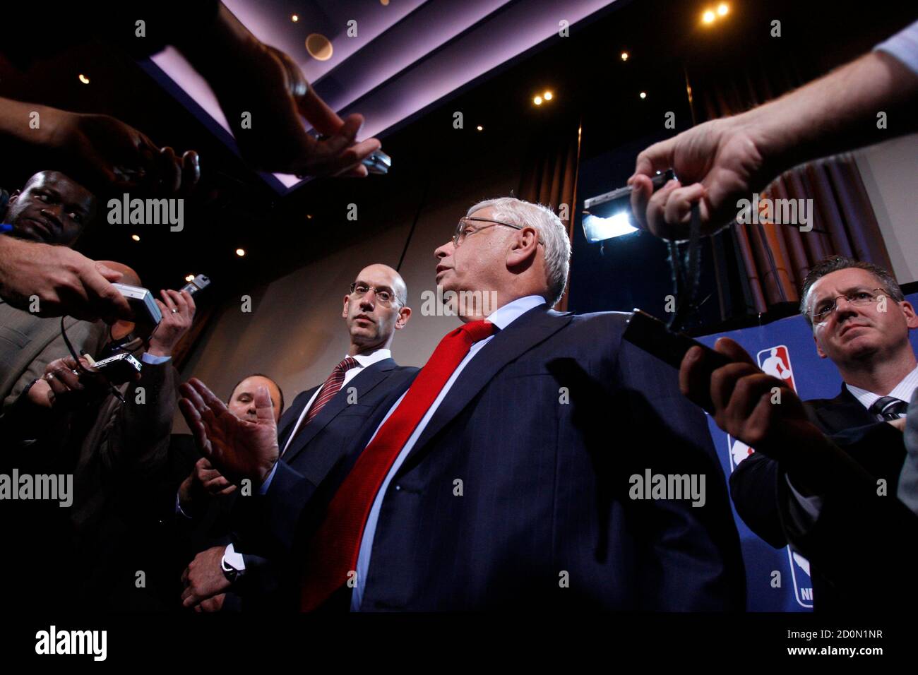 NBA Deputy Commissioner Adam Silver (L) and NBA Commissioner David Stern  arrive at a news conference after holding another round of unsuccessful  contract negotiations between the NBA and the NBA Players Association