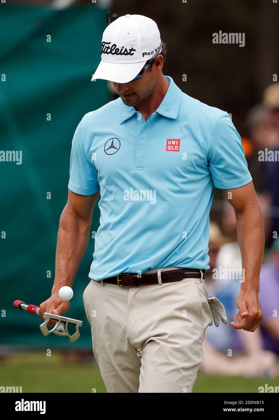 Adam Scott of Australia bounces his ball on his putter after missing a putt on the 16th hole during the final round of the Australian Open golf tournament at The Australian Golf Club in Sydney, November 30, 2014.    REUTERS/David Gray      (AUSTRALIA - Tags: SPORT GOLF) Stock Photo