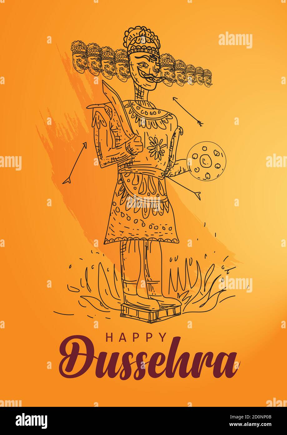 happy Dussehra ravan burning simple drawing. vector illustration Stock Vector