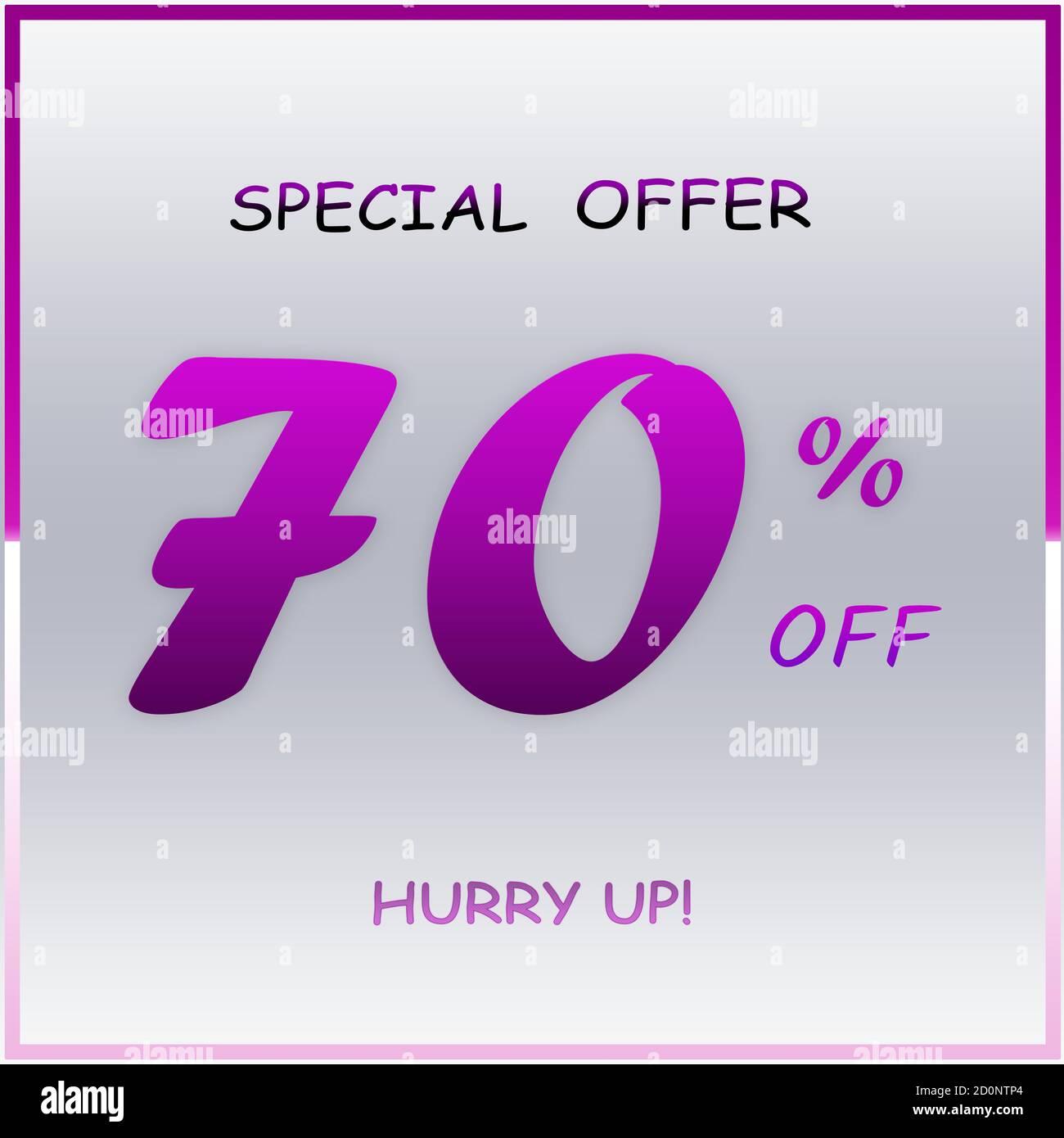 Elegant Purple Special Offer Discount Banner With 70% Off Hurry Up Text Design On White Gradient Background. Stock Photo