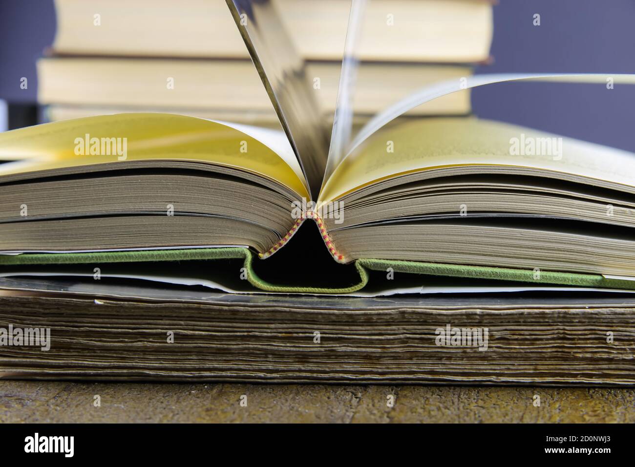 Close up of isolated open book hinge with flying pages, stack of