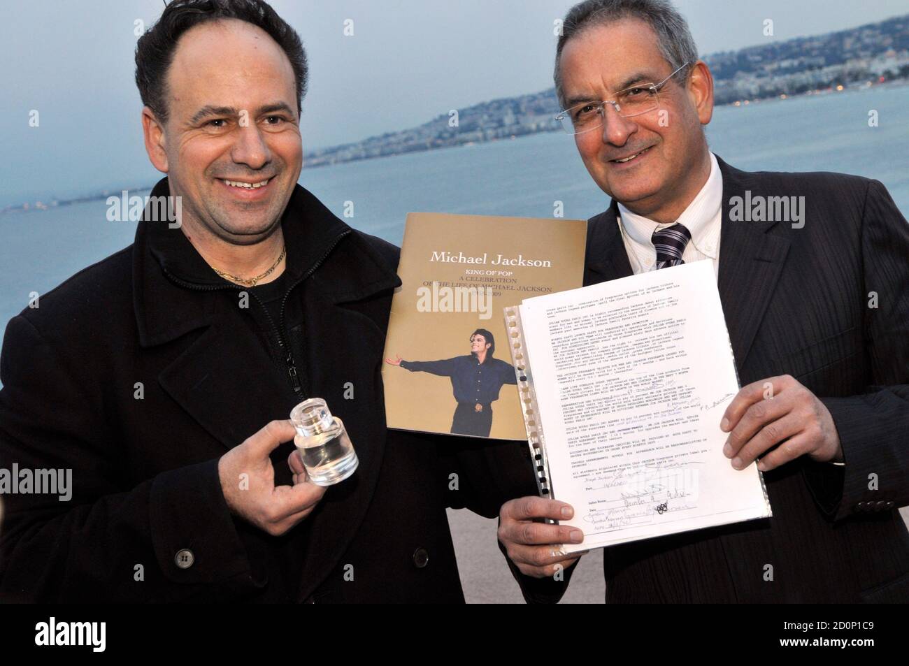 French Businessman Franck Rouas L Poses With His New Fragrance Line Tribute To Michael Jackson Next To Perfumer Joseph Rubino Who Holds The Signed Contract With Jackson Family In Nice January 5